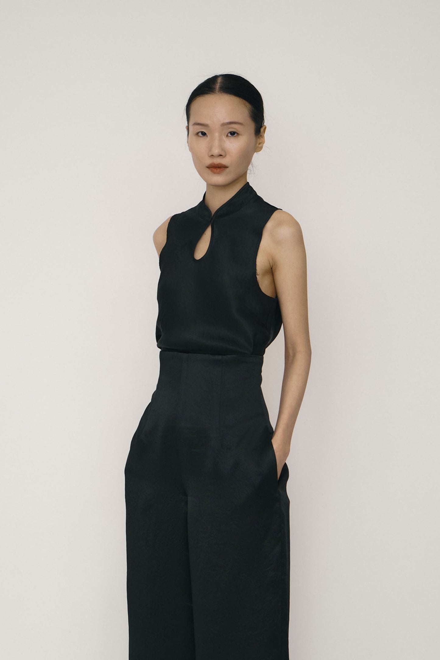 BLACK SATIN MANDARIN COLLAR BIAS-CUT TOP