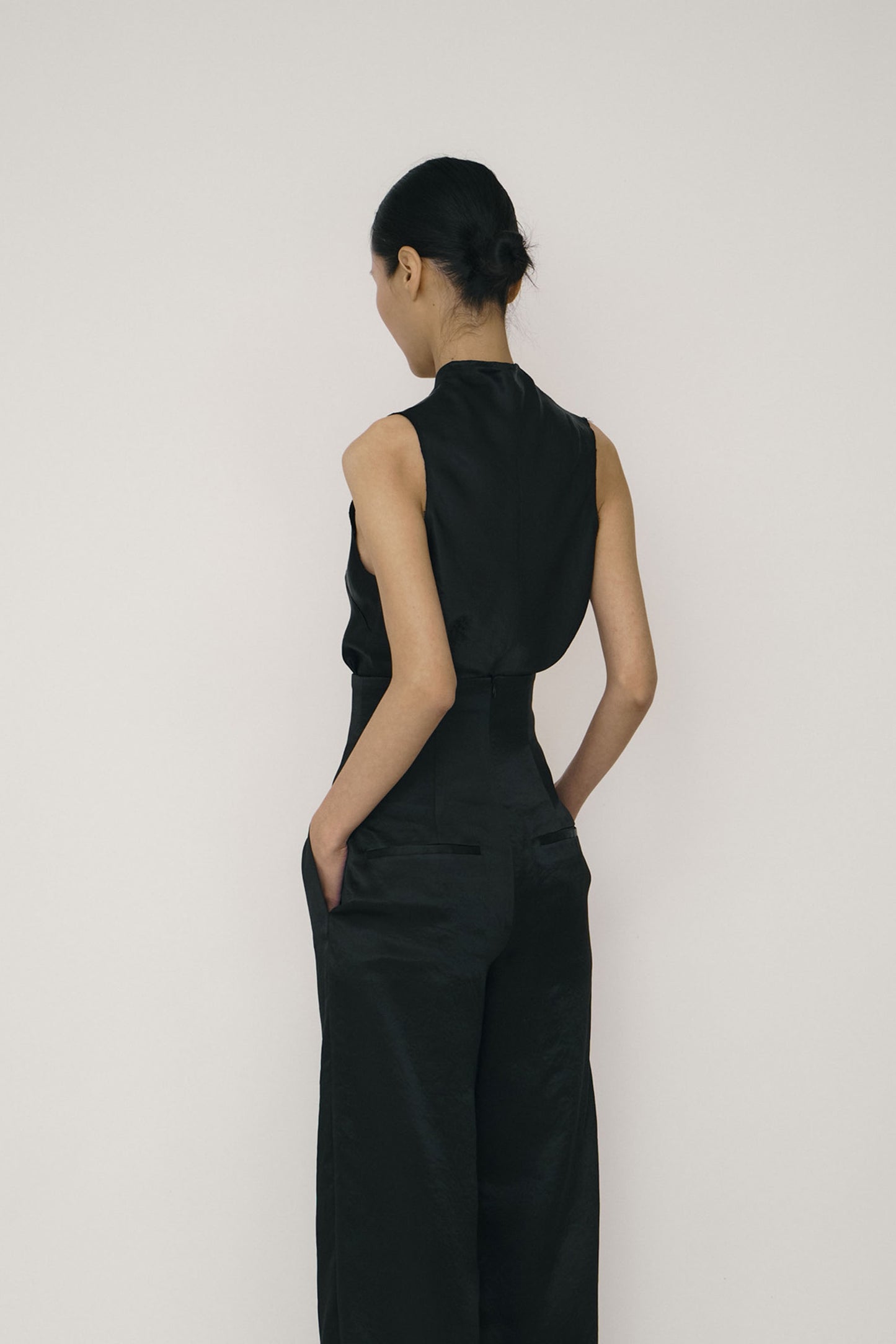 BLACK SATIN MANDARIN COLLAR BIAS-CUT TOP