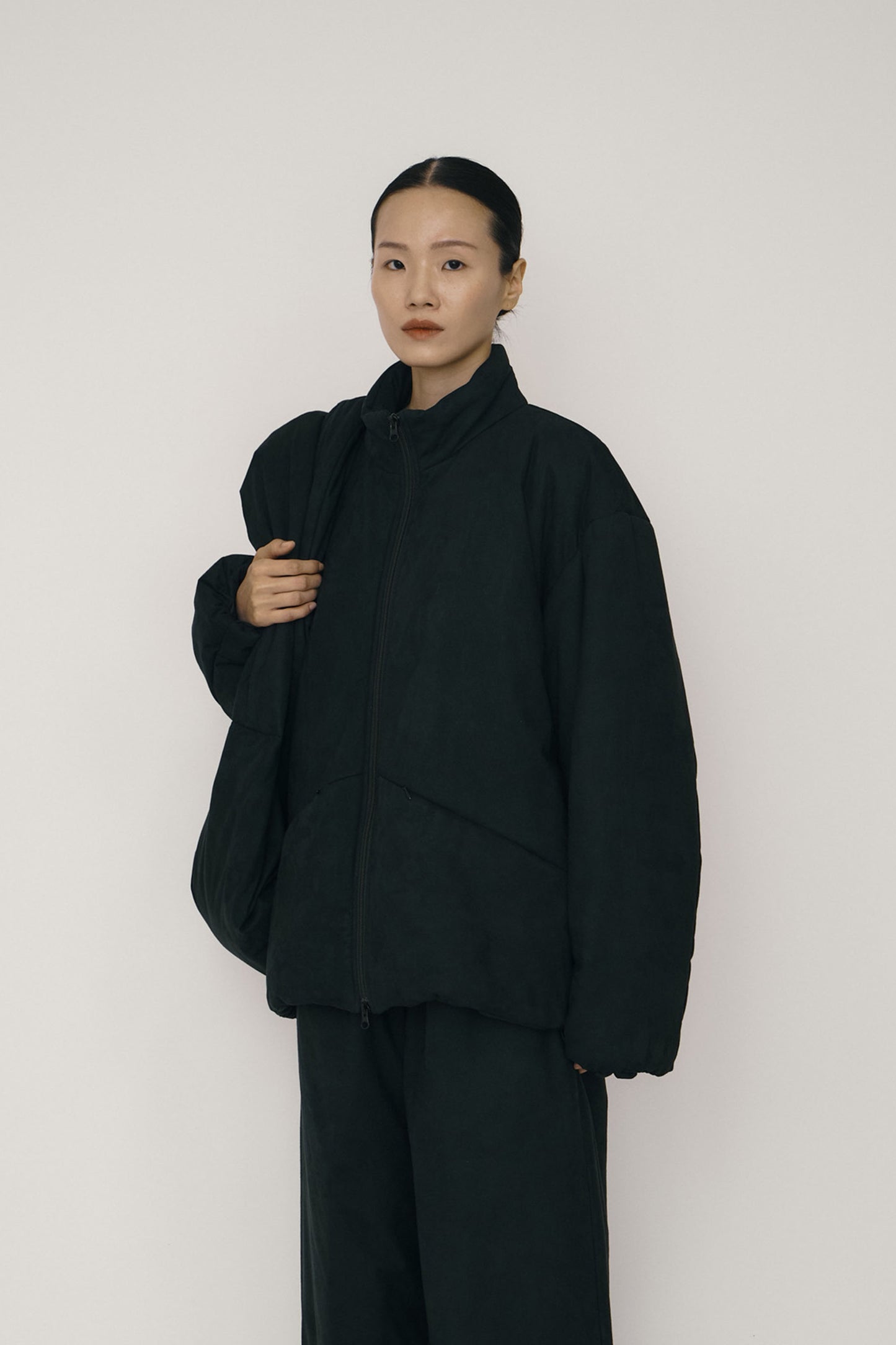 BLACK FAUX-SUEDE PADDED HIGH-NECK JACKET (MADE TO ORDER)