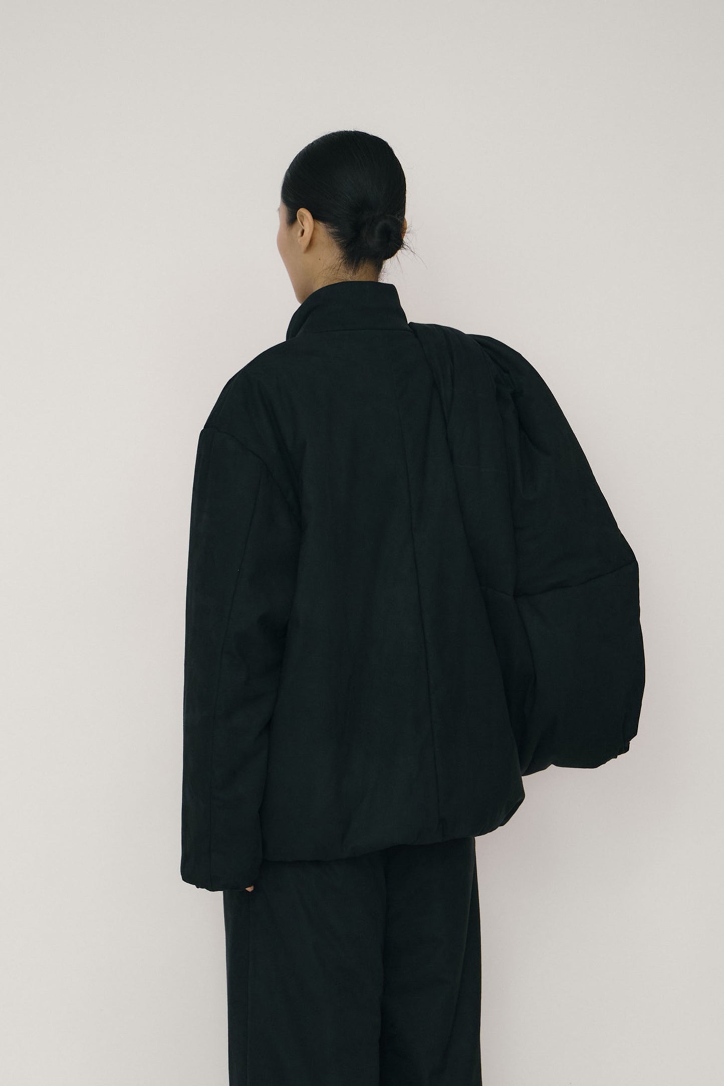 BLACK FAUX-SUEDE PADDED HIGH-NECK JACKET (MADE TO ORDER)