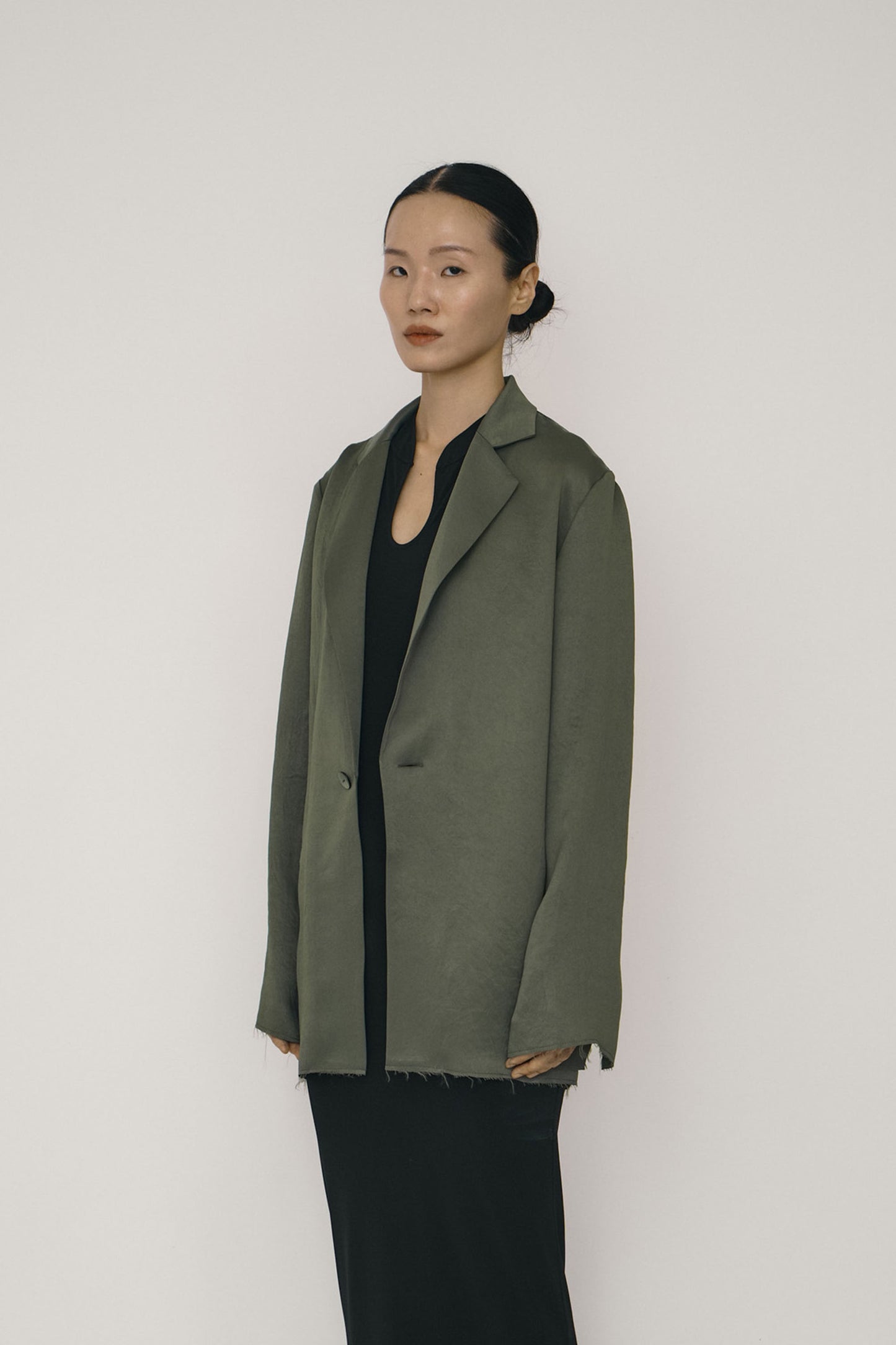 GREEN SATIN RAW EDGE BLAZER SHIRT