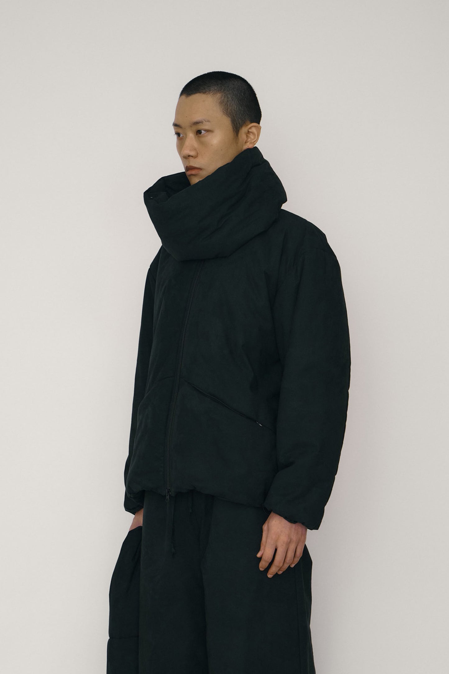 BLACK FAUX-SUEDE PADDED HIGH-NECK JACKET (MADE TO ORDER)