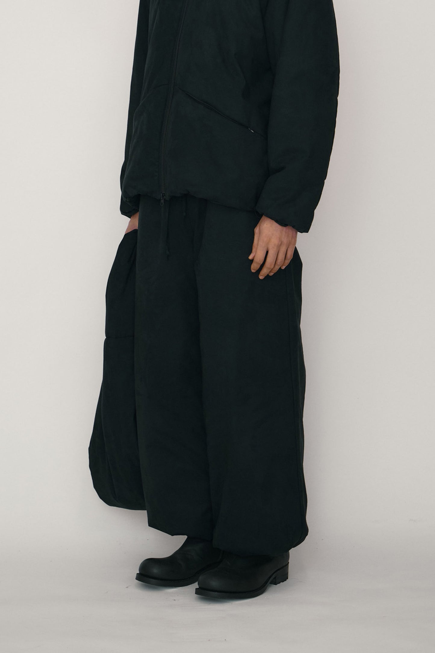BLACK FAUX-SUEDE PADDED WIDE PANTS (MADE TO ORDER)