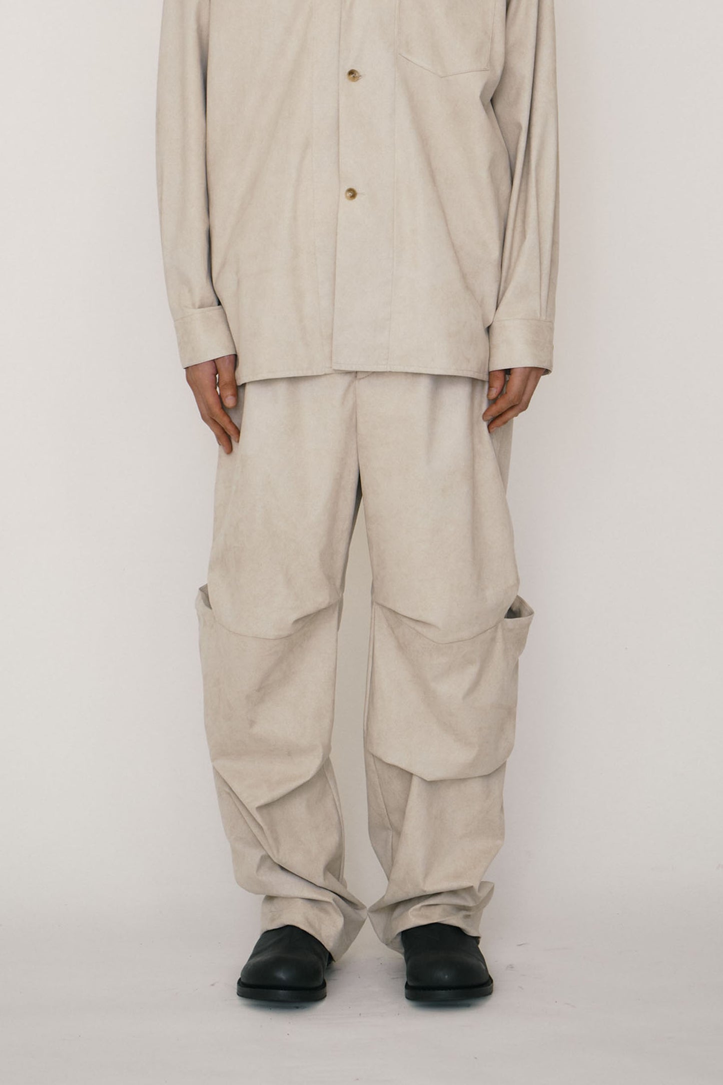 KHAKI FAUX-SUEDE TUCK TROUSERS (MADE TO ORDER)